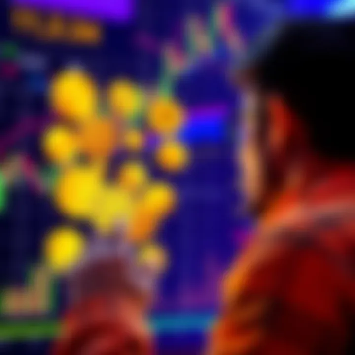 A person looking at a digital chart with multiple cryptocurrency coins, symbolizing the potential for investment gains.