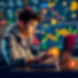A young person analyzing a stock chart on a laptop with financial graphs and cryptocurrency symbols around them.