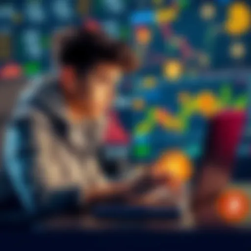 A young person analyzing a stock chart on a laptop with financial graphs and cryptocurrency symbols around them.