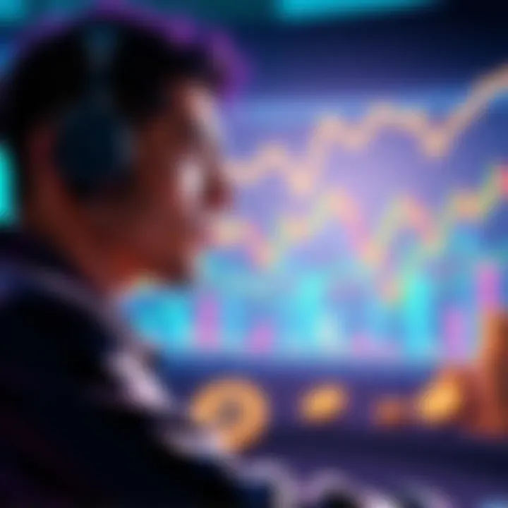 A person contemplating investment options in cryptocurrency with charts and coins in the background