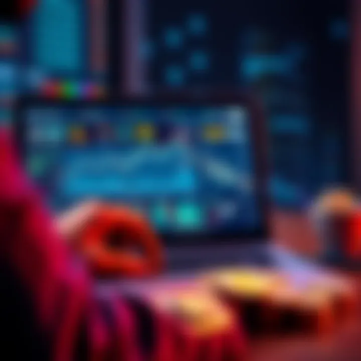 A person analyzing different crypto options on a laptop with charts and coins displayed.