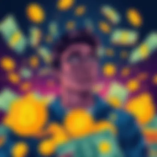 Illustration showing a person contemplating investments in cryptocurrency with dollar bills and crypto coins around them