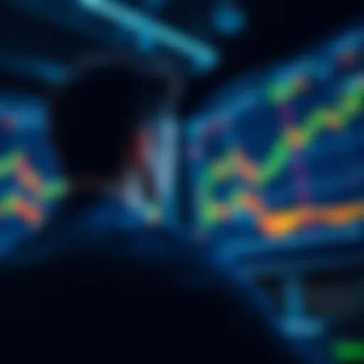 A person contemplating investment in cryptocurrency while looking at fluctuating market charts on a screen