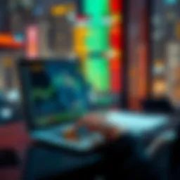 A person analyzing crypto charts and coins on a laptop, showing a focus on investment strategies during tough market conditions.