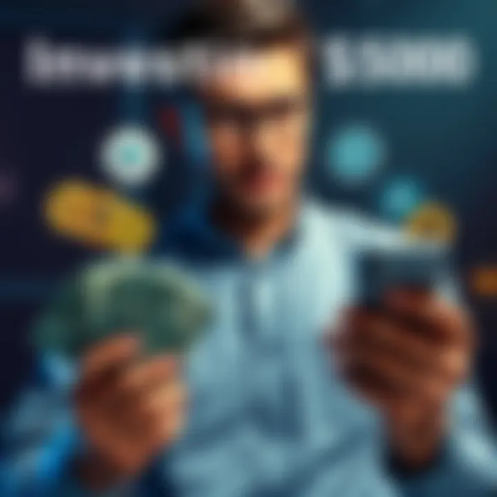 A person considering different cryptocurrencies like HBAR, LINK, ADA, and PEPE while holding cash and a smartphone