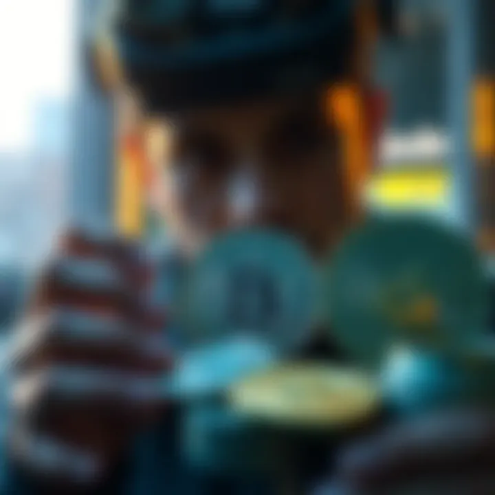 Investing in Cryptocurrencies A person considering cryptocurrency investment options with coins representing LINK, AIOZ, and NEAR in front of them.