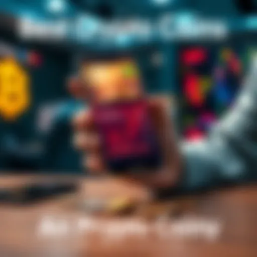 A person holding a smartphone displaying cryptocurrency prices and coins on a table