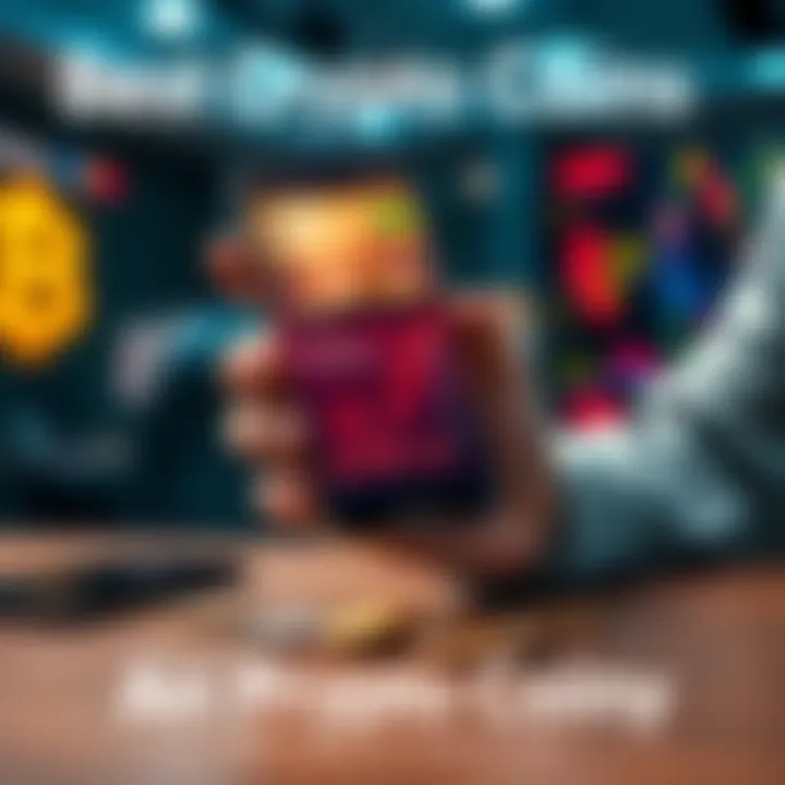 A person holding a smartphone displaying cryptocurrency prices and coins on a table