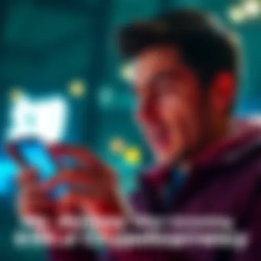 A person looking at a smartphone displaying cryptocurrency prices with a mix of excitement and concern.