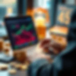 Investing in Cryptocurrency A person holding a laptop with cryptocurrency charts on the screen, considering investment options, surrounded by stacks of coins and a calculator.