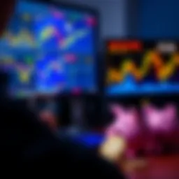 A person looking at a computer screen displaying cryptocurrency graphs and charts, with a car key and a piggy bank on the side.