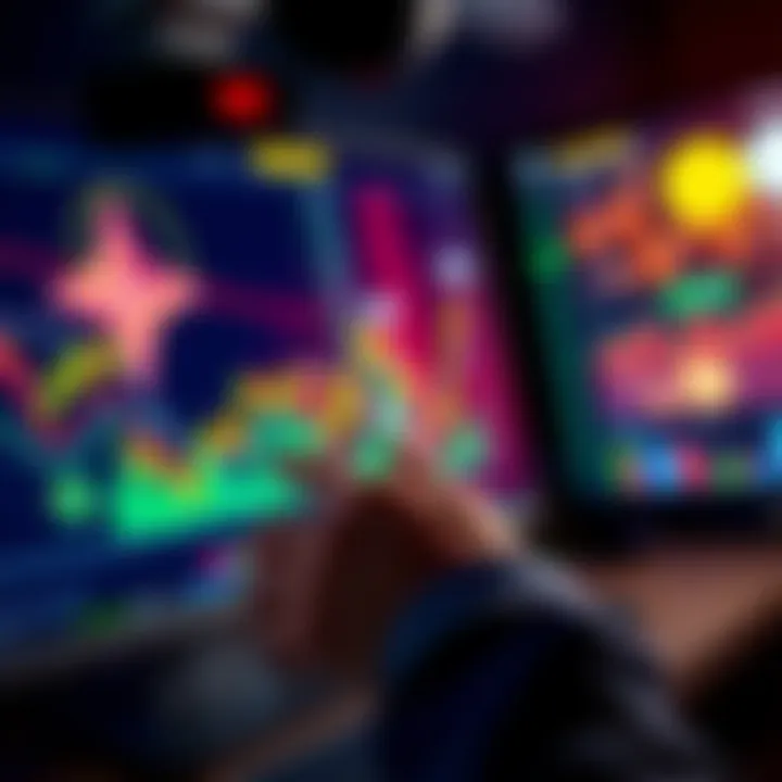 A person analyzing cryptocurrency charts and coins on a digital screen, looking for long-term investment options.