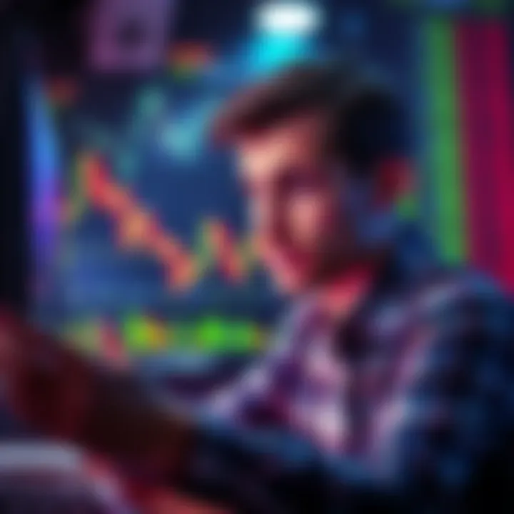 A person analyzing cryptocurrency charts with a confused expression, highlighting the disconnect between price and investment strategy.