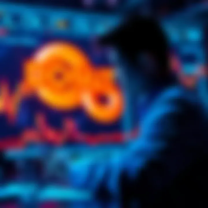 A person analyzing financial charts and graphs with DONUT logo in the background, symbolizing investment strategies.