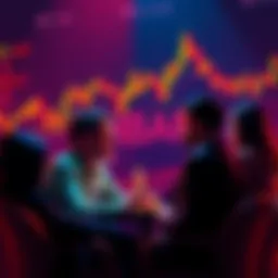 A group of people discussing HBAR investments with charts and graphs showing price trends in the background