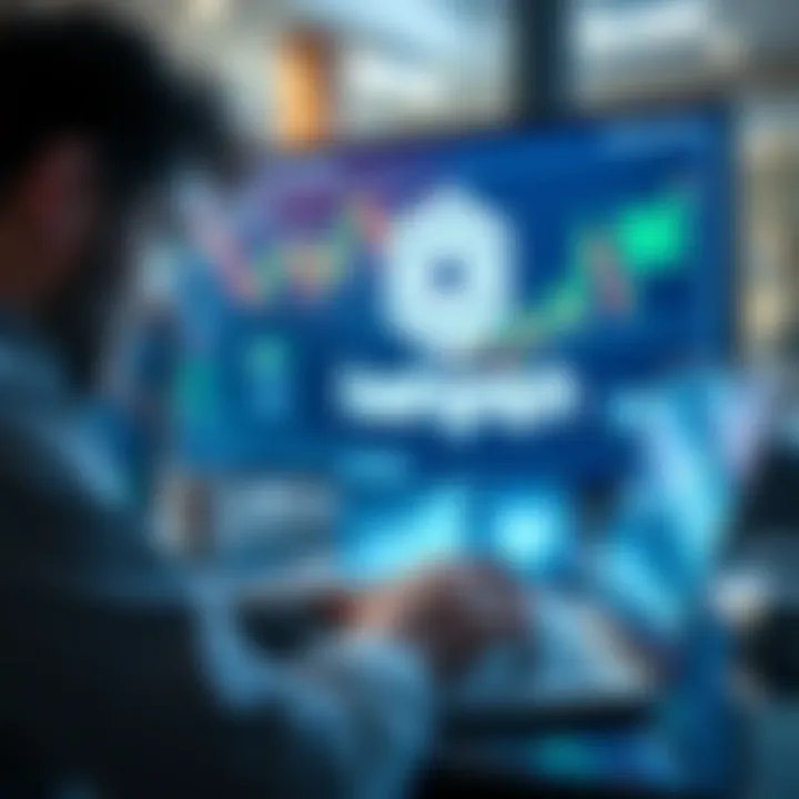 A person analyzing financial charts on a laptop with the Hedera Hashgraph logo in the background.