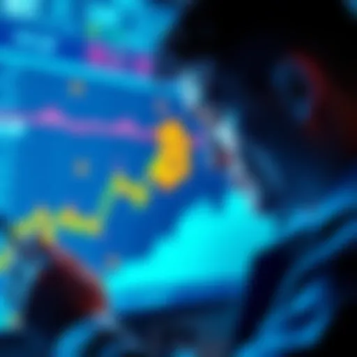 A person examining a digital chart showing Pi cryptocurrency's trends, with a bright graph indicating potential growth and symbols of money around them.
