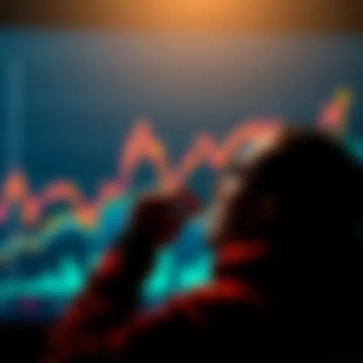 A person contemplating investing money while looking at a chart with rising trends, symbolizing cryptocurrency.