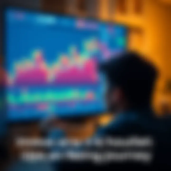 A person looking at fluctuating stock charts on a computer screen, showing highs and lows of market investments.
