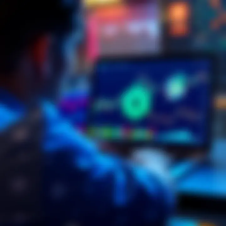 A person contemplating investment options with financial charts and a Kraken logo on a laptop screen
