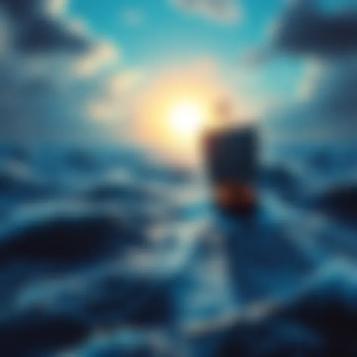 Navigating the Investment Landscape A sophisticated graphic representing the duality of risk and reward in PLS/PLSX investing, featuring a turbulent sea with a ship sailing toward a shining horizon.