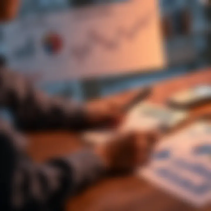 A person analyzing investment charts and discussing strategies with a calculator and notepad on the table.