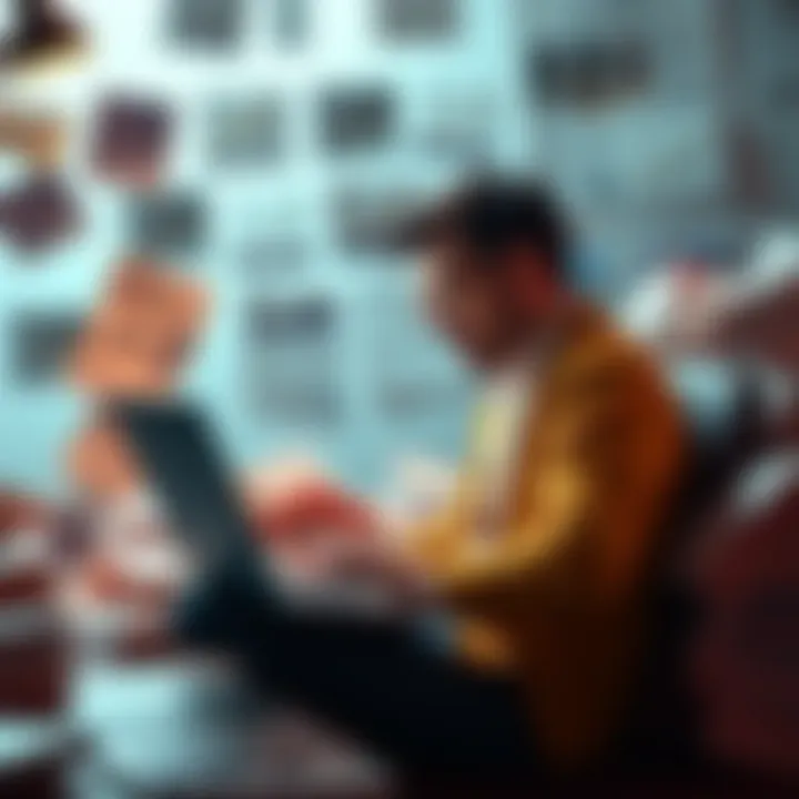 A calm investor analyzing cryptocurrency charts on a laptop, surrounded by financial news articles, symbolizing dollar-cost averaging in a volatile market.