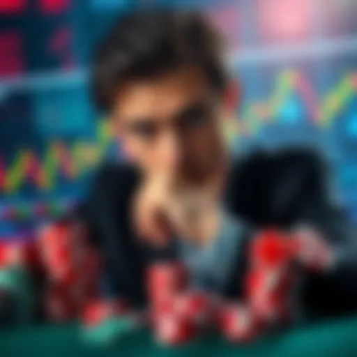 A person contemplating between a stock chart and casino chips, symbolizing the contrast of investing and gambling.