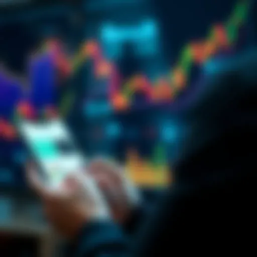 A person checking investment options on the Revolut app with a smartphone and financial charts in the background.