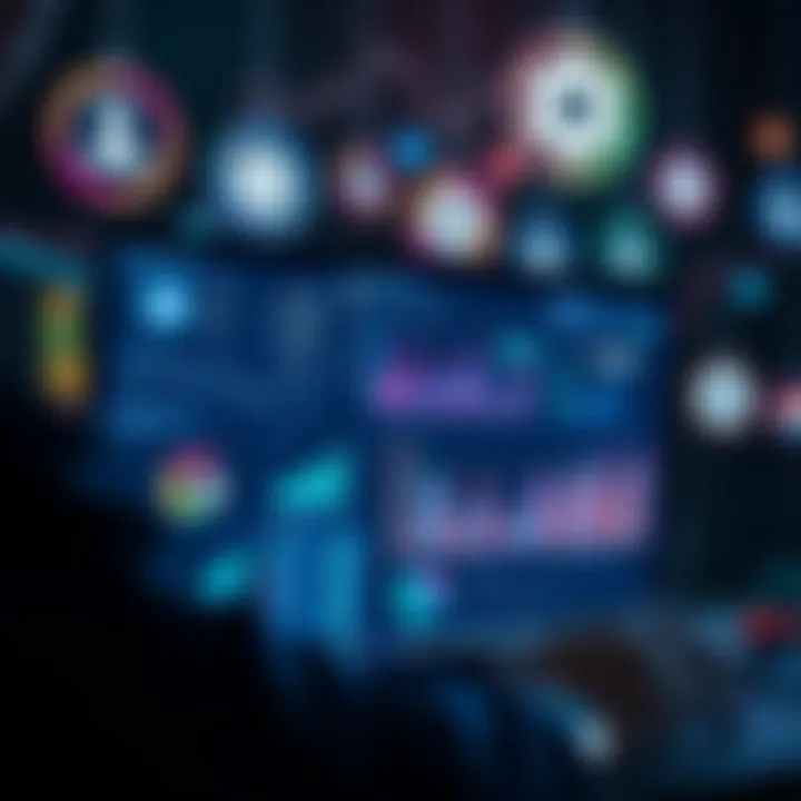 A person analyzing digital assets on a laptop, showing charts and graphs related to stablecoin investments, with icons representing wealth platforms in the background.