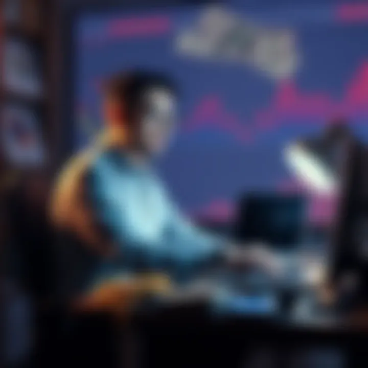 A person sitting at a desk with a laptop, contemplating investment choices with dollar bills and charts around them.