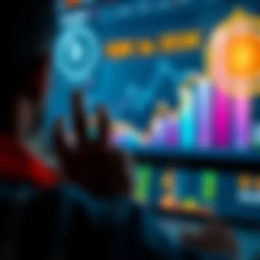 A person looking at a screen displaying rising cryptocurrency values, symbolizing the journey from a small investment to a larger amount in Kaspa.