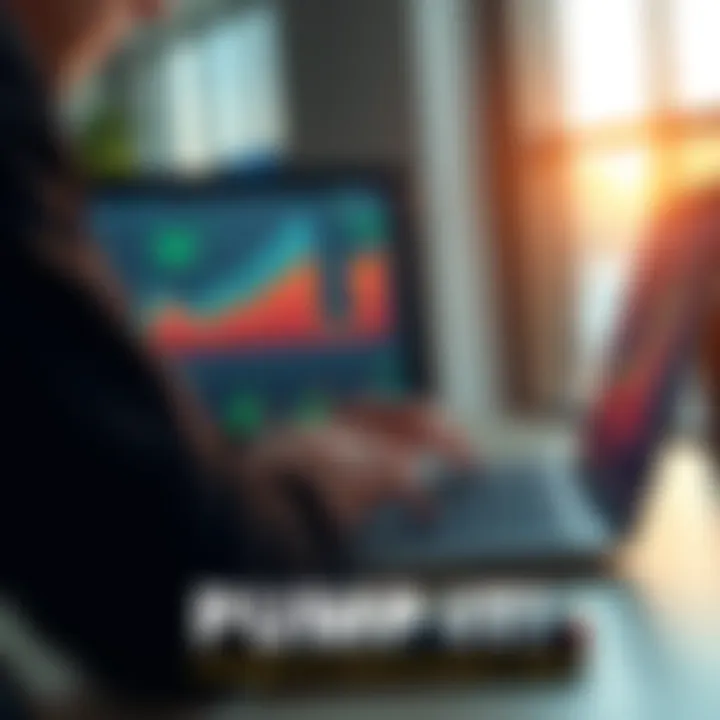 A person analyzing market trends on a laptop with financial charts and graphs showing upward growth.
