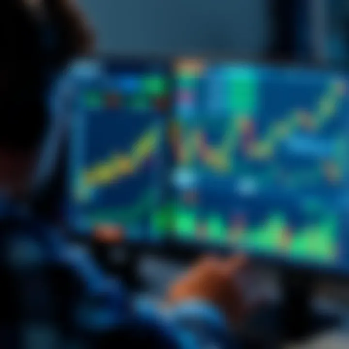 A person analyzing cryptocurrency charts on a computer screen, with charts and graphs displaying market trends and investment options.