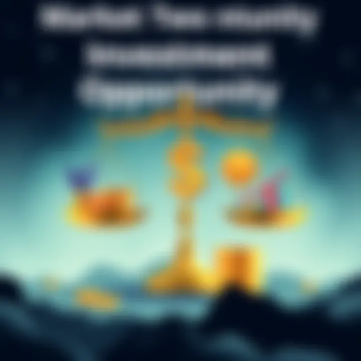 An illustration depicting investment opportunities, featuring a scale balancing underpriced assets and financial growth symbols.