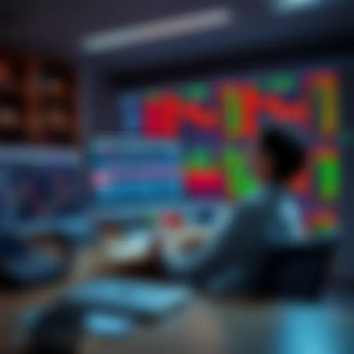 Investment Choices A person sitting at a desk analyzing stocks on a laptop with financial charts, pondering whether to buy more or hold cash.