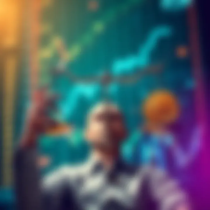 A person weighing options between stocks and bitcoin, with finance symbols around them.