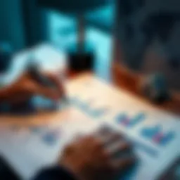 A person analyzing investment options with charts and graphs on a table, representing dollar-cost averaging and lump sum investments.