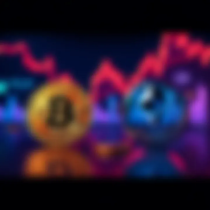 A graphic showing Bitcoin and Ethereum logos with fluctuating graphs, illustrating investment highs and lows.