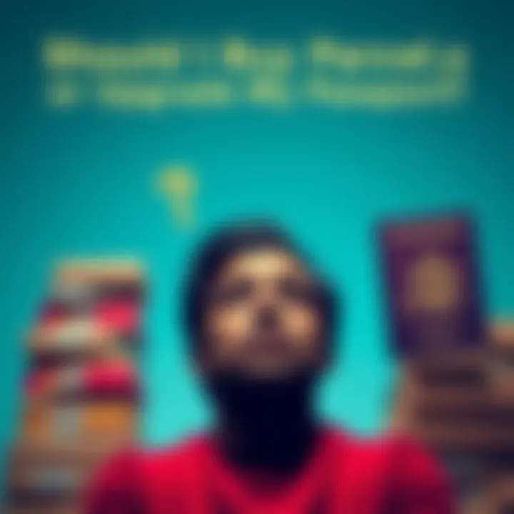Investment Decision A person contemplating between buying parcels and upgrading a passport, with a stack of parcels on one side and a passport on the other, looking thoughtful.