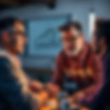 A group of friends discussing investment strategies, with one looking skeptical about unrealistic expectations while the other appears confident, surrounded by charts and graphs.