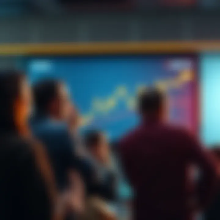 A group of worried investors looking at a downward chart on a screen, representing financial distress.