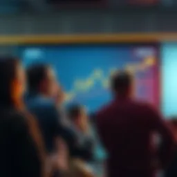 Investment Downturn A group of worried investors looking at a downward chart on a screen, representing financial distress.