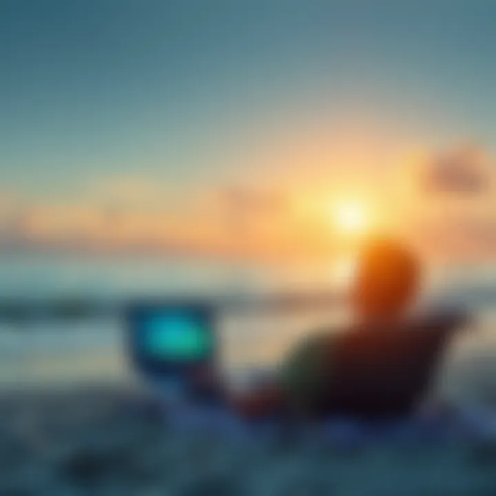 A person relaxing on a beach while looking at rising investment graphs on a laptop, symbolizing hands-off investing.