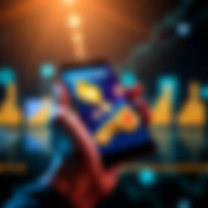 A hand holding a smartphone displaying cryptocurrency icons and graphs, symbolizing wealth growth and high yields.