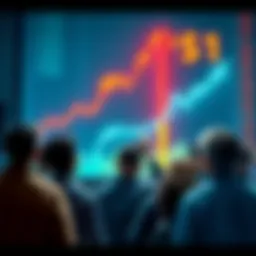 A group of people watching a rising stock chart, expressing excitement about investment opportunities.