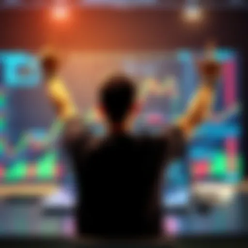 Investment Growth Journey A person celebrating financial success while looking at rising stock graphs on a laptop screen, showing positive investment growth after holding for five years.