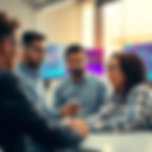 A group of diverse people discussing investment strategies in a modern office setting, with charts and digital screens in the background showing cryptocurrency trends.