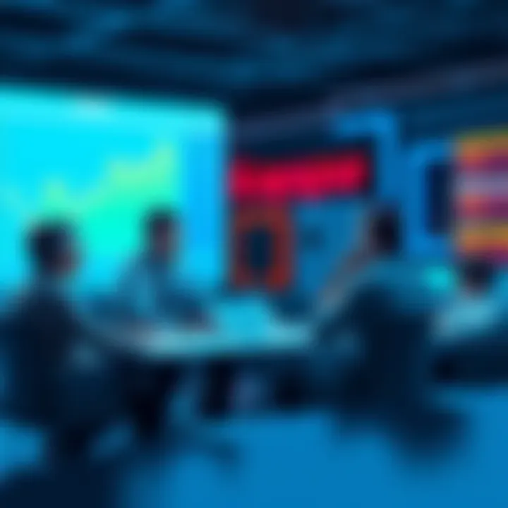 People discussing investment options in Kaspa at a table with charts and graphs