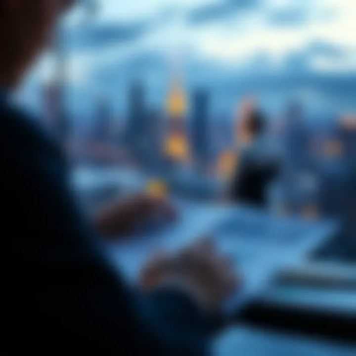 A person analyzing financial charts and documents related to landmark property investments, with a city skyline in the background.